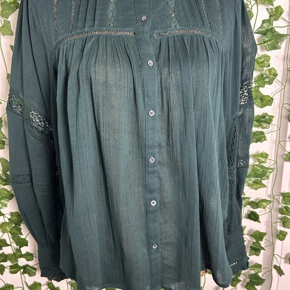 Free People Forest Green Ruffled Blouse